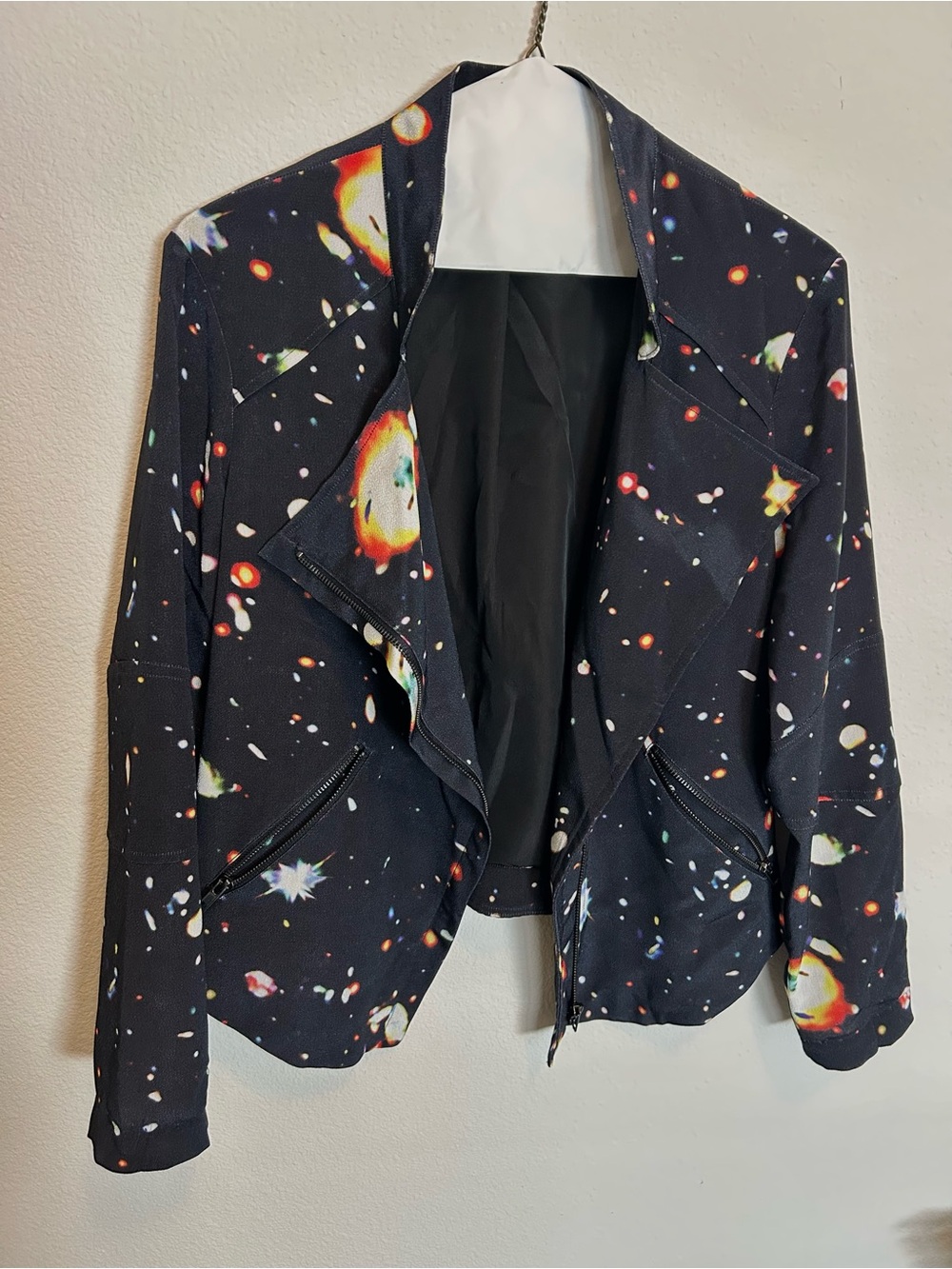 Women’s Black Galaxy Print Moto Jacket - Size S/M